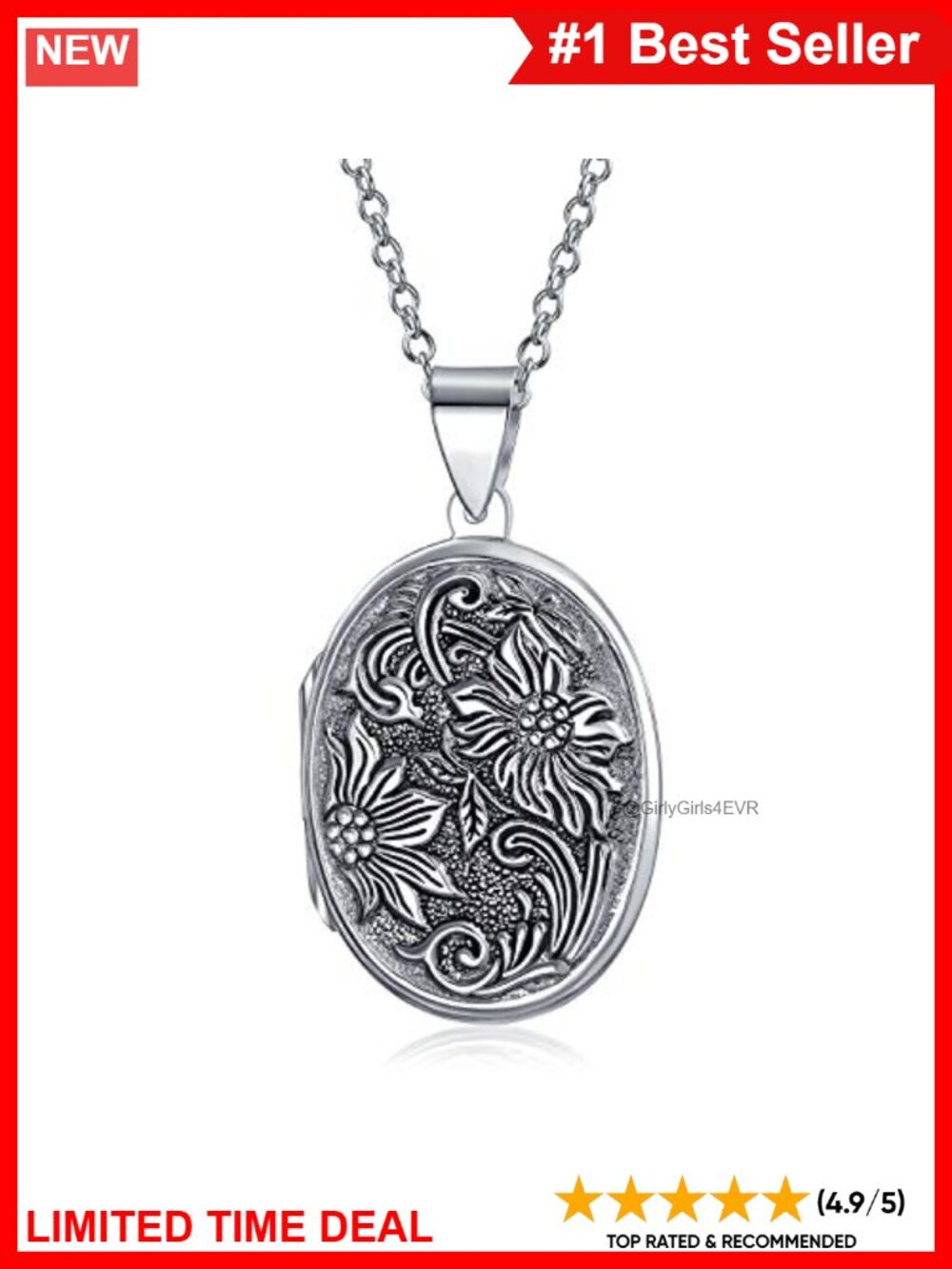 Sterling Silver Floral Oval Photo Locket Necklace Keepsake